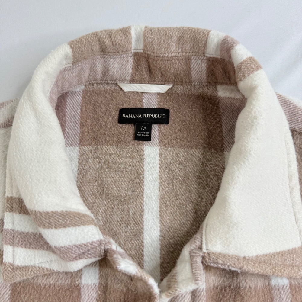 Banana Republic Tan Cream Plaid Oversized Flannel Shirt Jacket Shacket Mens M - Picture 4 of 11